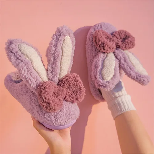 Miniatura 2 de Pantuflas de algodón de conejo de orejas largas para mujer, pantuflas de invierno para el hogar, pantuflas cálidas de felpa para el hogar, bonitas