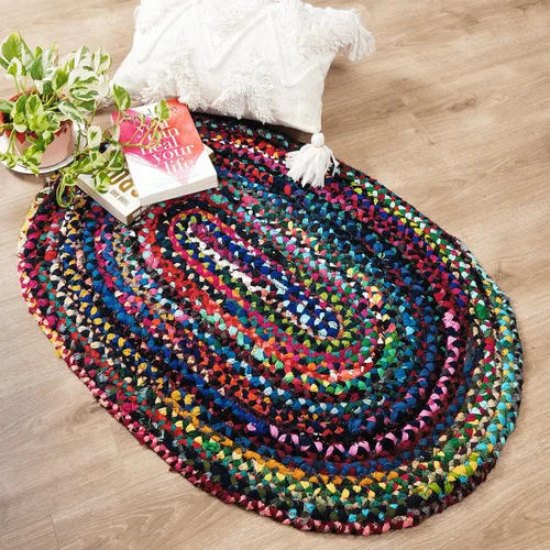 RAJRANG Alfombra ovalada trenzada a mano de 2 x 3 pies, multicolor, bohemio, reversible, rústica, de algodón, alfombra Chindi geométrica