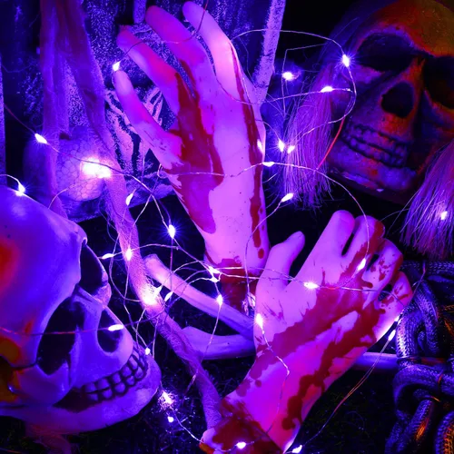 Miniatura 5 de BrizLabs Luces moradas de Halloween, 19.47 pies, 60 luces LED de Halloween, 8 modos de luz morada con control remoto, luz parpadeante impermeable al