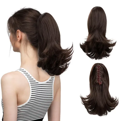 Miniatura 18 de CJL HAIR - Extensión de cola de caballo con clip de garra corto, cordón elástico, cabello rizado falso, balayage, pieza de cabello sintético, fibra