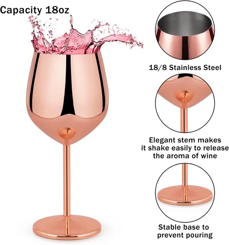 Miniatura 2 de Lifecapido Juego de 8 Copas de Vino con Tallo de Acero Inoxidable, Copas de Vino de Cobre de 18oz, Copas de Vino de Acero Inoxidable con Cepillo Oro