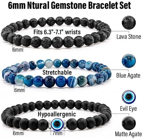 Miniatura 3 de Pulsera contra el mal de ojo de 0.236 pulgadas, pulseras de cuentas ajustables elásticas naturales