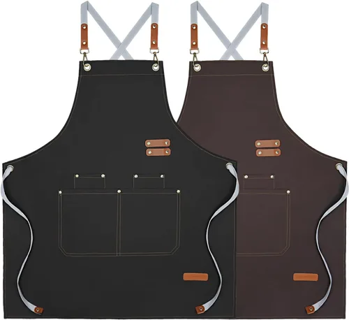 LELE LIFE 2 delantales de chef de lona impermeables, delantales ajustables con espalda cruzada para hombres y mujeres con 4 bolsillos, delantal para