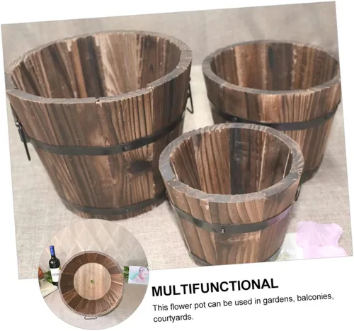 Miniatura 7 de Maceta de madera para suculentas, 3 piezas, macetero grande para suculentas, para exteriores, macetas redondas rústicas, macetas de madera rústicas