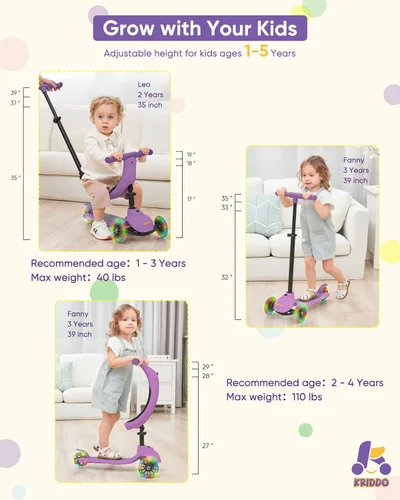 Miniatura 3 de KRIDDO - Patinete 3 en 1 para niños de 1 a 5 años, patinete plegable con 3 ruedas iluminadas, tabla ancha, altura ajustable, manillar para aprender