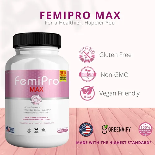 Miniatura 6 de FemiPro MAX Suplemento de apoyo urinario para mujer, 60 cápsulas, control de vejiga extra fuerte con arándano, hibisco, diente de león, vegano, sin