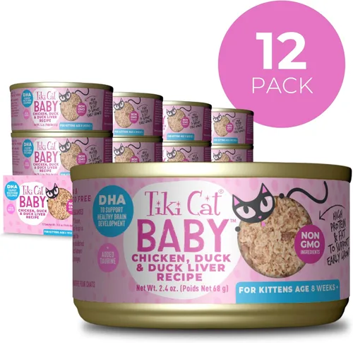 Miniatura 2 de Tiki Cat Baby, mousse y trozos de pollo, pato e hígado de pato, alto en proteínas y sabroso, alimento húmedo para gatitos de 4 semanas en adelante