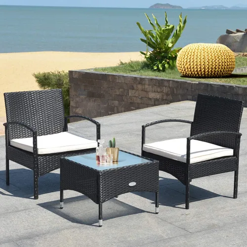 Miniatura 3 de HAPPYGRILL Juego de muebles de patio de 3 piezas con mesa de centro de cristal y cojines suaves para balcón, jardín, piscina