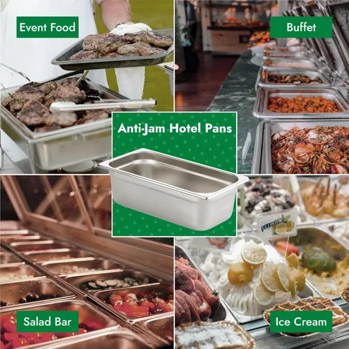 Miniatura 6 de HECMAC Paquete de 6 Bandejas Gastronómicas Anti-Atasco para Hotel, Tamaño 1/3 de 4 Pulgadas de Profundidad, Bandeja Comercial de Acero Inoxidable