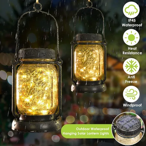 Miniatura 3 de Mlambert Paquete de 4 linternas colgantes solares con estacas, luces de cuerda de hadas solares impermeables para exteriores en frasco Mason, Blanco