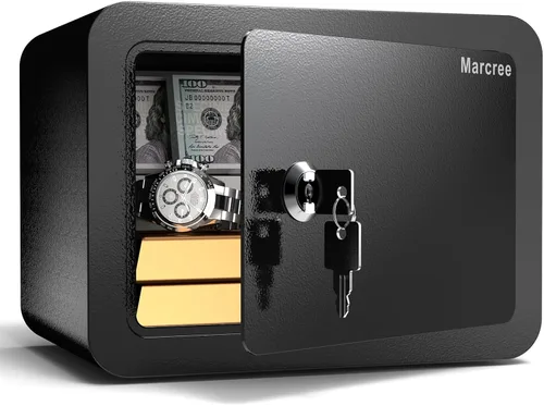 Marcree Caja fuerte de 0.23 cachorros, pequeña caja fuerte con llave, mini caja fuerte para el hogar para dinero, monedas y efectivo, cajas fuertes