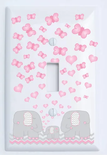 Miniatura 5 de Cubierta de placa de interruptor de luz de elefante rosa, decoración de guardería de elefante con mariposas de corazones rosas cheurón gris