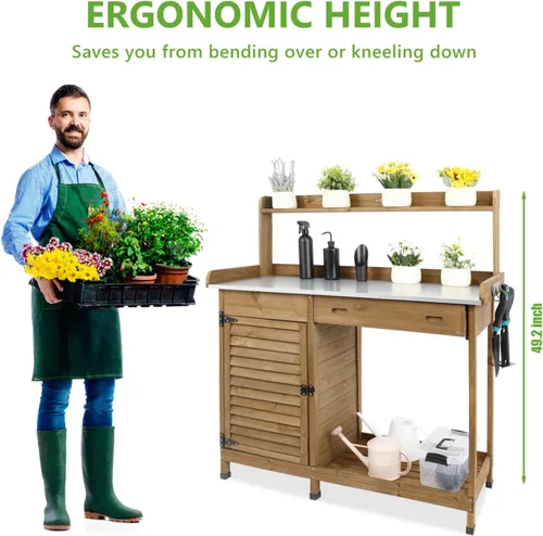 Miniatura 9 de PetsCosset - Banco de jardinería con mesa de trabajo al aire libre, de madera, con superficie de mesa metálica, gabinete, cajón, estante inferior