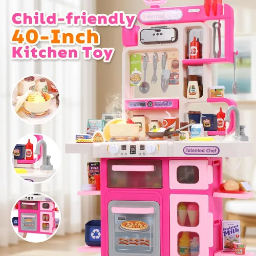 Miniatura 7 de CUTE STONE Juego de cocina para niños, juego de cocina con sonido y luz, estufa de cocina con vapor, fregadero de juguete, juguete de comida y Rosa