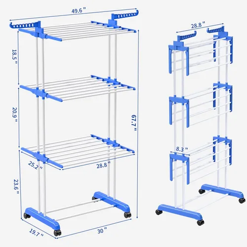 Miniatura 2 de Tendedero grande de ropa de 4 niveles con 67 pulgadas de alto x 19 pulgadas de ancho x 30 pulgadas de largo, tendedero de ropa móvil con ruedas