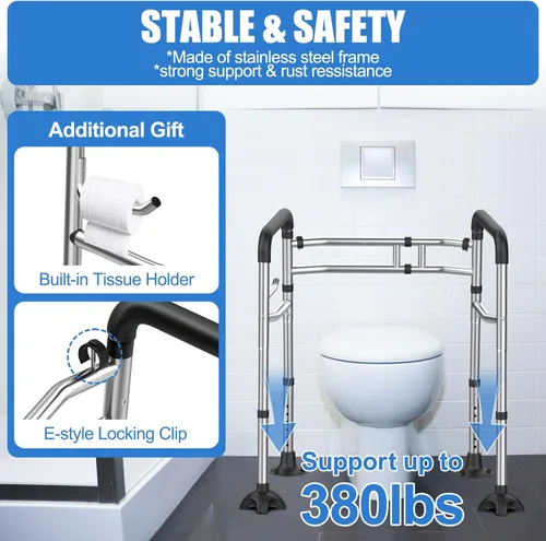 Miniatura 6 de Rieles de seguridad para inodoro, marco de inodoro ajustable de acero inoxidable con asas suaves y soporte para pañuelos, marco de seguridad