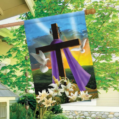Bandera religiosa para el hogar, con diseño de Pascua, con palomas, cruz y lirios, 28 x 40 pulgadas Amanecer de Pascua