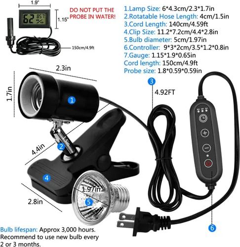 Miniatura 6 de DOMICA Lámpara de Calor para Reptiles Regulable con Temporizador + Bombilla de Luz UVA UVB de 50W, Foco de Calentamiento para Tortugas, Lámpara