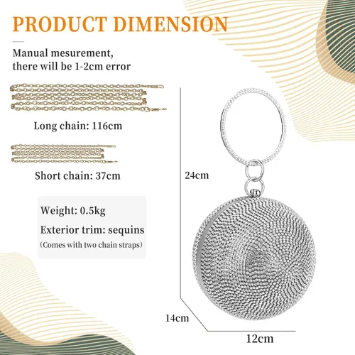Miniatura 3 de Bolso de mano redondo de cristal para mujer, bolso de noche con diamantes de imitación, lentejuelas brillantes, bolso de hombro con purpurina, bolso