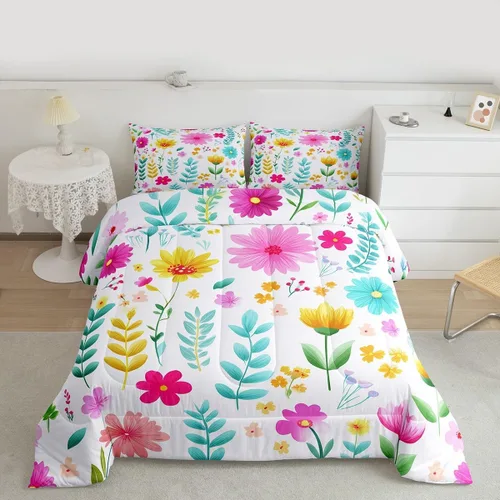 Miniatura 4 de Manfei Juego de Edredón Floral de Acuarela Tamaño Twin, Juego de Ropa de Cama de Flores Botánicas y Hojas 2 piezas, Edredón de Plumón de Flores