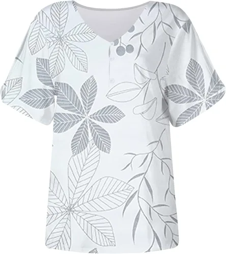 Miniatura 3 de Short Sleeve Button Top for Women Trendy Print Slim Fitted Tees Shirt Short Sleeve Basic V Neck Going Out Tops