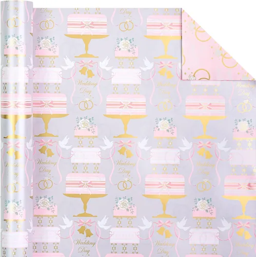 Miniatura 3 de WRAPAHOLIC Rollo de papel reversible para envolver bodas, mini rollo, 17 pulgadas x 33 pies, diseño floral de pastel y anillo, perfecto para bodas