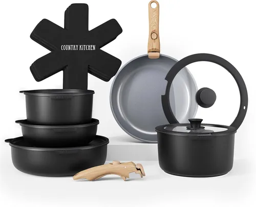 Miniatura 11 de Country Kitchen Juego de utensilios de cocina con mango extraíble, juego de ollas y sartenes aptas para horno y caravana, mango de madera moteada