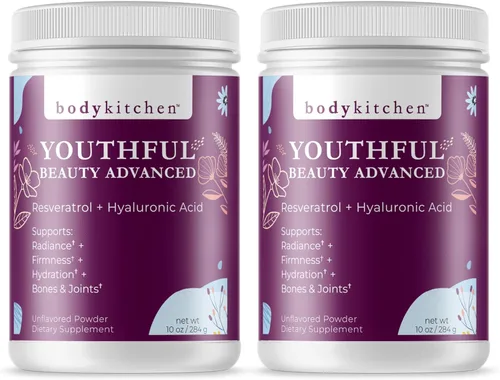 Body Kitchen Youthful Beauty Advanced, polvo de péptidos de colágeno para hermosas uñas de piel, resveratrol y ácido hialurónico para apoyo