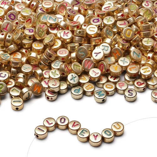 Miniatura 31 de LAIDANLA - 1500 cuentas de letras acrílicas del alfabeto doradas, cuentas redondas blancas de 7×4mm para hacer joyas, pulseras, collares, llaveros