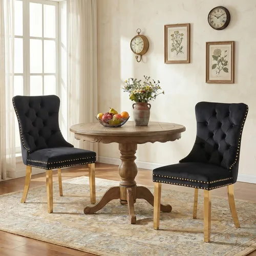 Miniatura 47 de SoarFlash Juego de 2 sillas de comedor de tela de lino, sillas de comedor tapizadas con ribete de cabeza de clavo y patas de madera de color claro