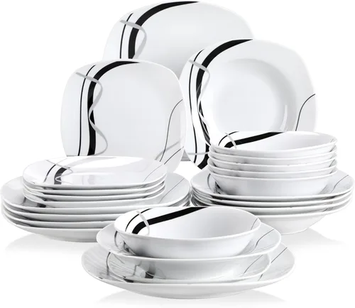 Miniatura 14 de VEWEET, Serie Fiona - Juego de vajilla de 30 piezas para 6 personas, blancos con rayas negras y grises, vajilla de porcelana de platos de postre