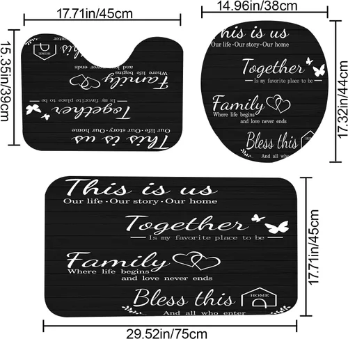 Miniatura 4 de Juego de 4 piezas de cortinas de ducha familiares con alfombras antideslizantes, cubierta para tapa de inodoro y tapete de baño, conjunto negro