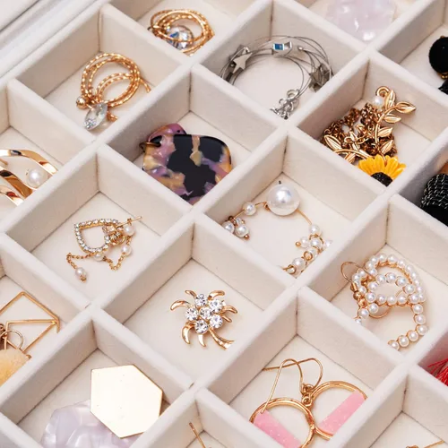Miniatura 4 de Mebbay Organizador de bandeja de joyería de terciopelo de 35 rejillas con tapa transparente para cajón aretes collar pulsera anillo piedras