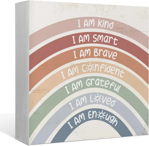 Letrero de madera bohemio con texto en inglés "I am Kind I am Smart I am Smart I am Brave Positive Self Affirmations", decoración rústica de madera