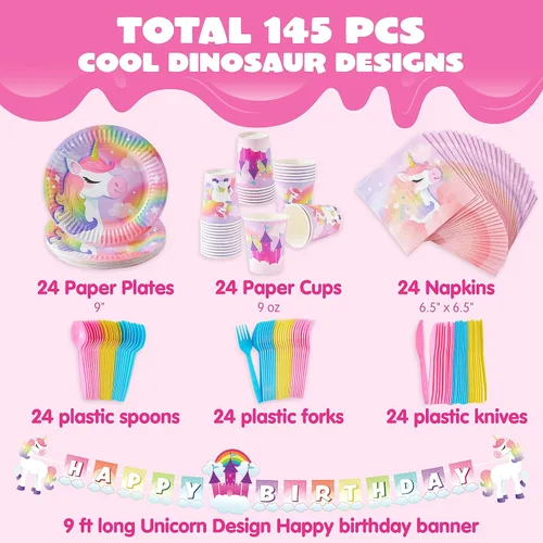 Miniatura 2 de JOYIN 145 piezas de suministros para fiesta de cumpleaños de unicornio con pancarta de unicornio para niñas, juego de vajilla desechable