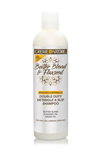 Creme of Nature Double Duty Champú desenredante y antideslizante con mezcla de mantequilla, linaza y aceite de argán, limpiador alargador rico en