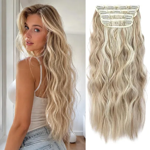 Miniatura 23 de 4 extensiones de cabello sintético con clip, extensiones de cabello rizado de 20 pulgadas de largo con clip (color: marrón medio)