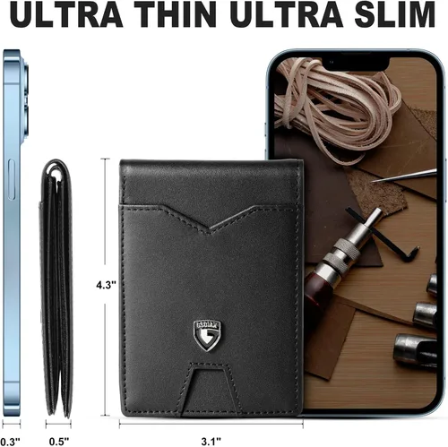 Miniatura 5 de GSOIAX Billetera delgada para hombre minimalista de cuero genuino fibra de carbono con bloqueo RFID de cuero vacuno plegable con caja de regalo