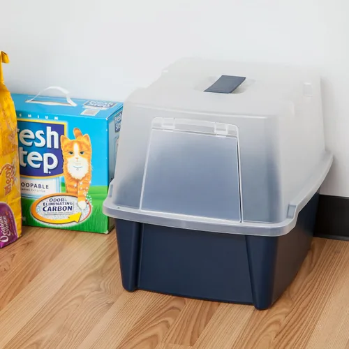 Miniatura 4 de Caja de arena para gatos IRIS USA, arenero con pala y solapa frontal, caja de arena cubierta para privacidad, portátil, fácil de limpiar, azul marino