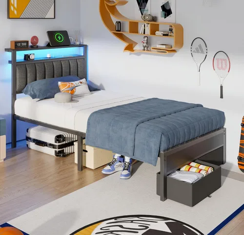 Miniatura 5 de Furnulem Bases de Cama Individual con Estación de Carga y Luces LED, Cabecero Tapizado Gris con Estantes, Cama de Plataforma de Metal con 2