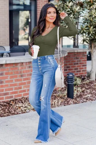 Miniatura 3 de VICHYIE Ropa de otoño para mujer, cuello en V, manga larga, acanalada, ajustada, ajustada
