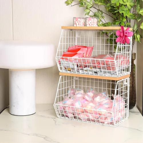 Miniatura 4 de Mefirt Cesta de frutas, frutero de 2 niveles para encimera de cocina, almacenamiento de frutas apilable montado en la pared, organizador de Marrón