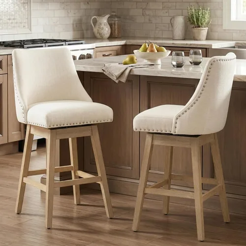 Miniatura 12 de Taburetes de Bar de Altura de Mostrador de 27.5 Pulgadas Taburetes de Cocina de Lino Modernos de Mediados de Siglo con Respaldo Patas de Madera Lino