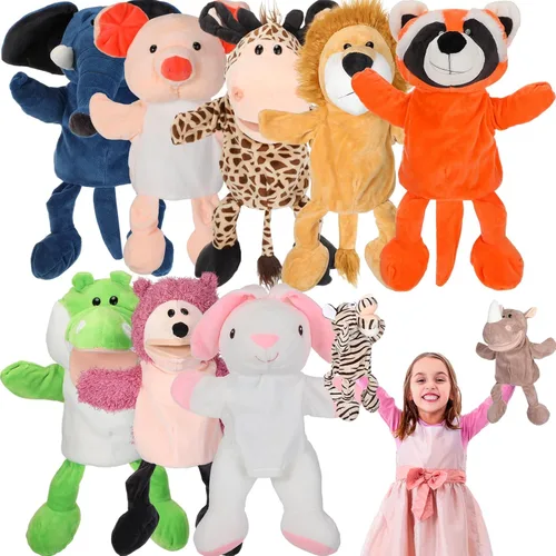 Wettarn 10 piezas de marionetas de animales de mano de 12 pulgadas de felpa suave, diseño de león, orangután, jirafa, tigre, cerdo, elefante para
