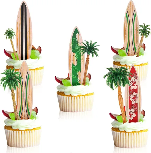 Tallew 48 piezas de decoraciones para cupcakes para tablas de surf, decoración de pastel de playa, incluye tabla de surf y decoración de palmeras