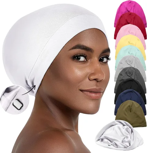 Miniatura 18 de CAPLORD Gorro de satén para dormir, envoltura de pelo rizado para hombres, gorros de seda ajustables para mujeres, gorro de seda para el cabello