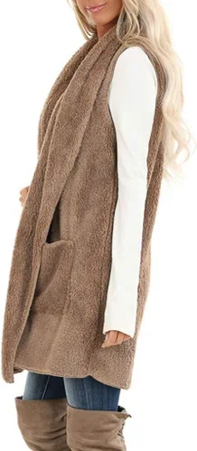 Miniatura 3 de ReachMe Chaleco de sherpa sin mangas para mujer con bolsillos con solapa frontal abierto de forro polar, suéter mullido