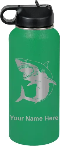 Miniatura 30 de LaserGram Botella de agua personalizada, gran tiburón blanco, acero inoxidable de doble pared aislada al vacío con popote superior, regalo grabado