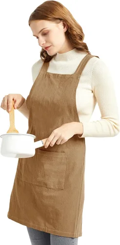 Miniatura 3 de ELEZAY Delantales para mujer con bolsillos, talla grande, cómodo, espalda cruzada, sin lazo, delantal de lino y algodón Marrón