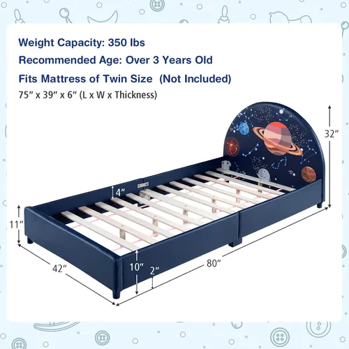Miniatura 2 de Costzon Base de cama individual para niños, plataforma de cama individual tapizada de madera con soporte de listones, cabecera y estribo acolchados